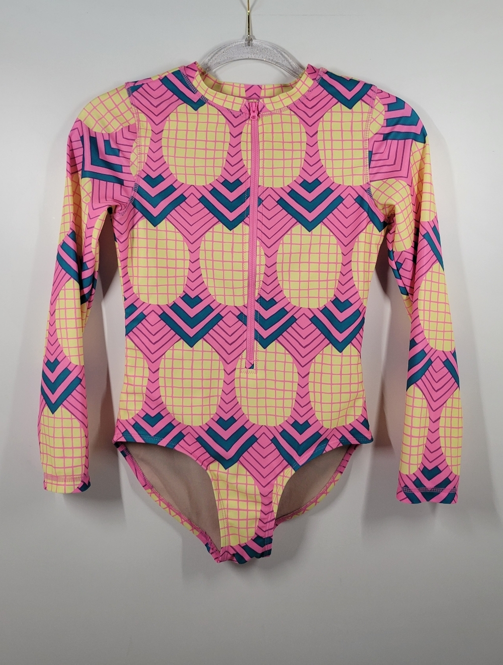 Tea Collection Pink Pineapple Fruit Print Long Sleeve One Piece Swimsuit Size 14